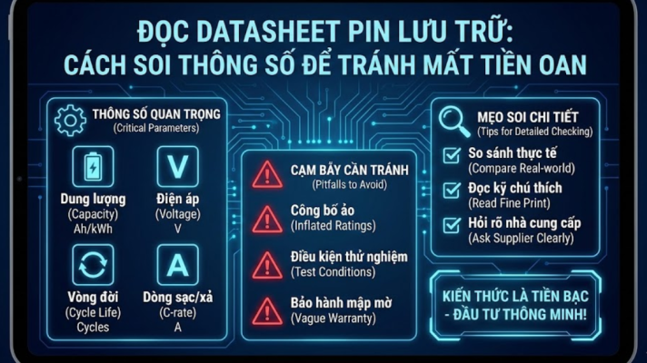 Đọc Datasheet pin lưu trữ: Cách soi thông số để tránh mất tiền oan, đọc thông số pin lưu trữ điện mặt trời
