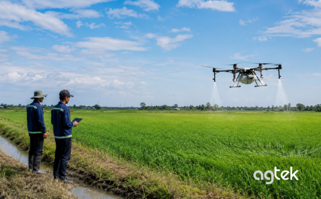 Drone nông nghiệp bay trên cánh đồng