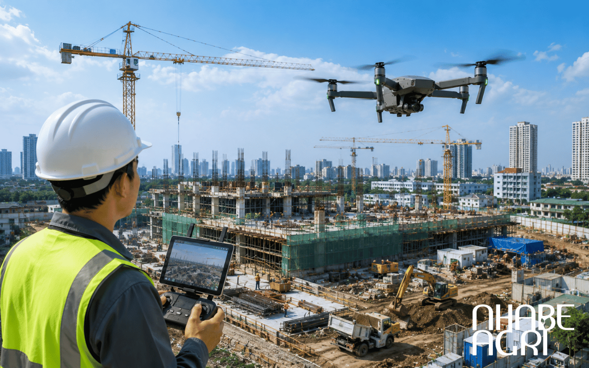 Phi công UAV vận hành drone tại khu vực công trường.