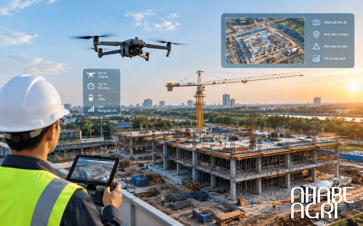 Drone giám sát công trường xây dựng từ trên cao.