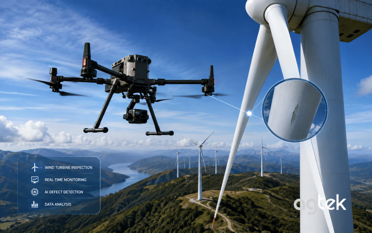 Drone kiểm tra cánh turbine gió bằng camera độ phân giải cao.