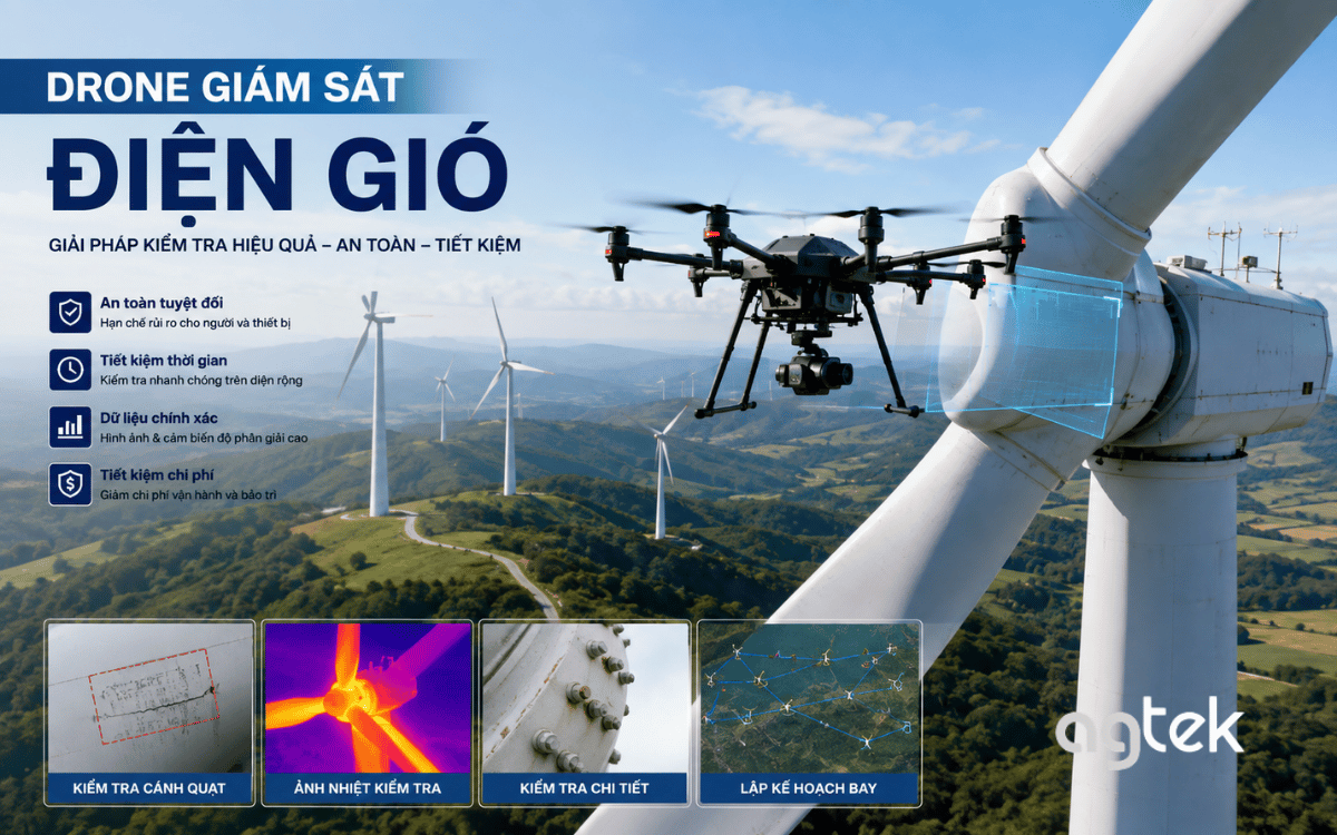 Drone giám sát điện gió kiểm tra turbine từ trên cao.