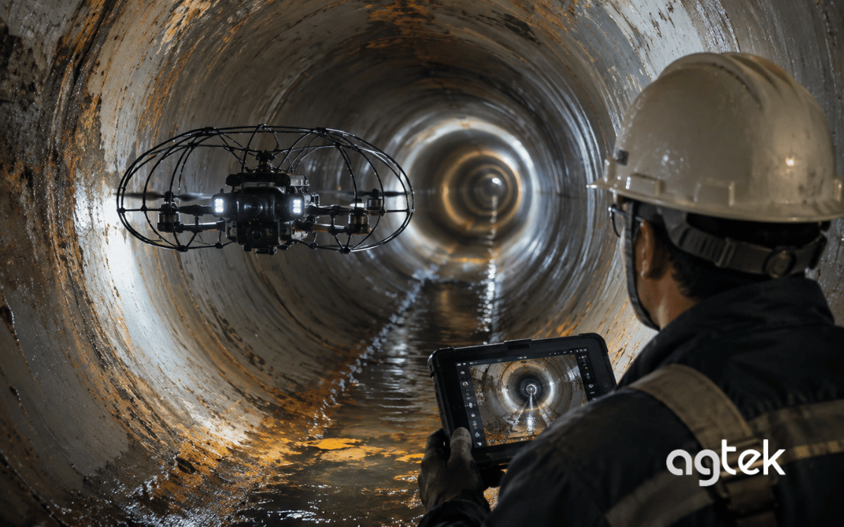 Kỹ thuật viên vận hành drone kiểm tra hệ thống đường ống.