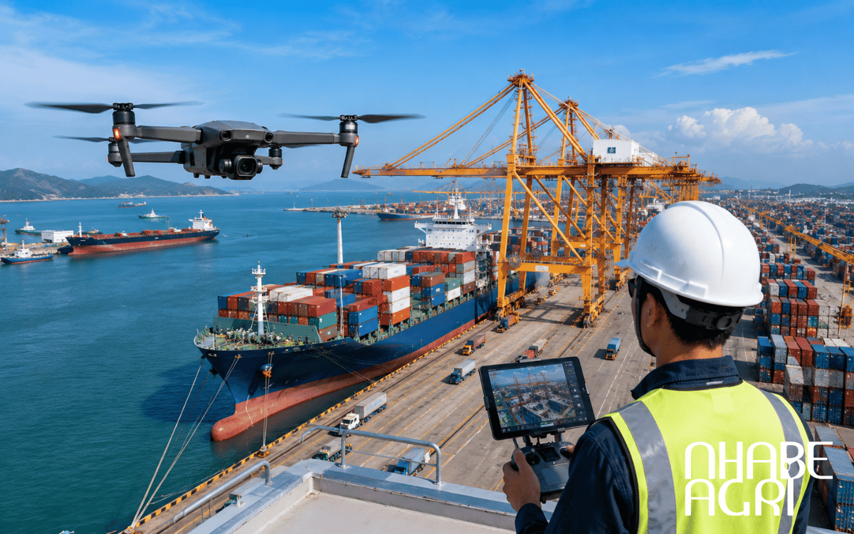 Drone kiểm tra tổng thể khu vực cảng biển từ trên cao.