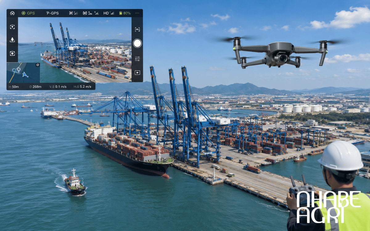Drone khảo sát khu vực đê chắn sóng và bờ biển.