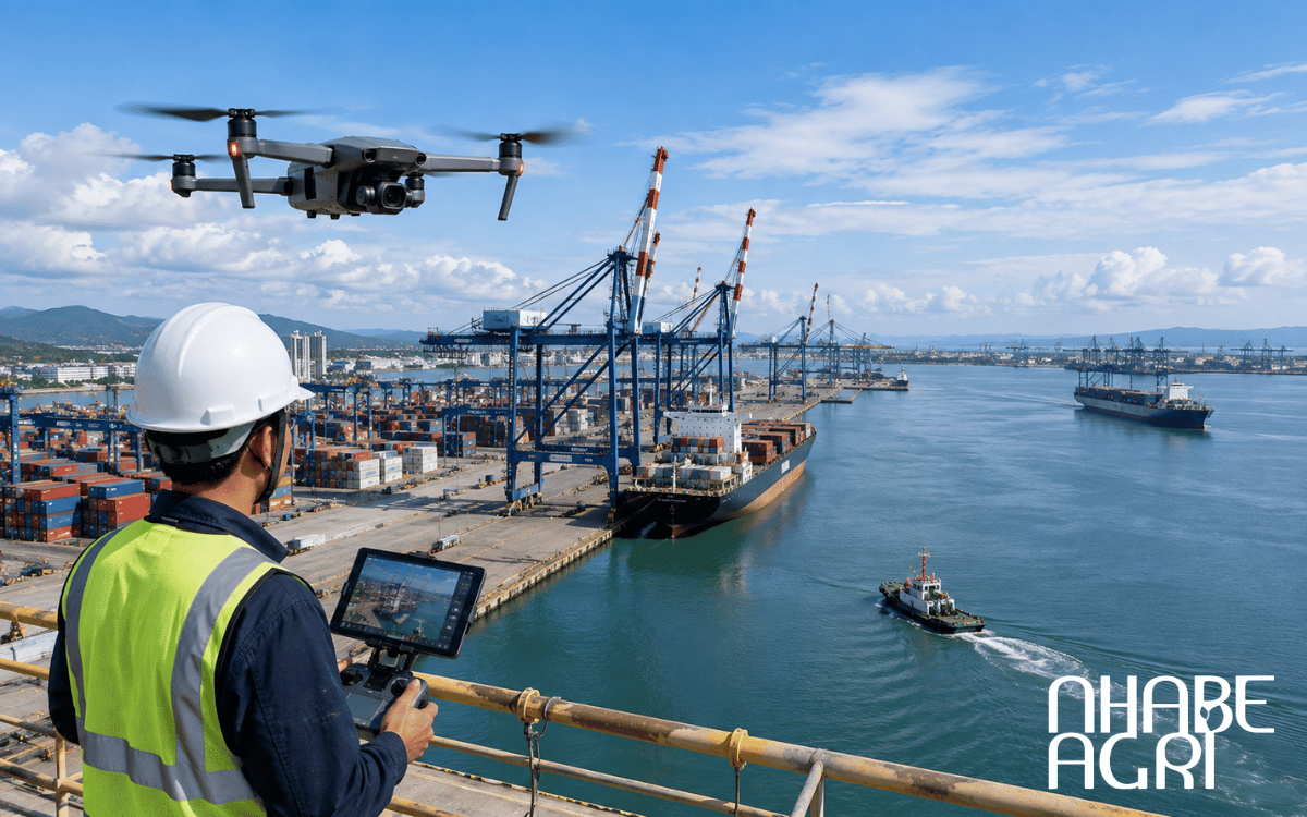 Nhân sự vận hành drone thực hiện kiểm tra hạ tầng cảng biển.