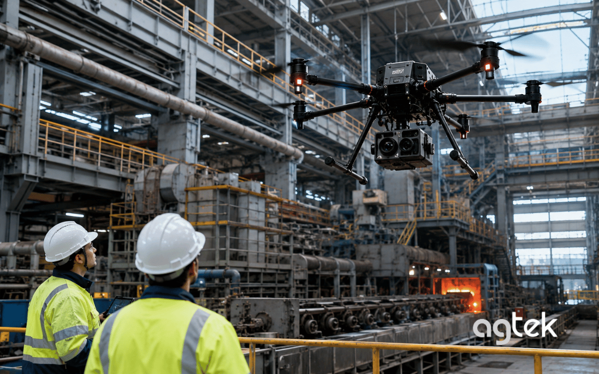UAV giám sát nhà máy từ trên cao.