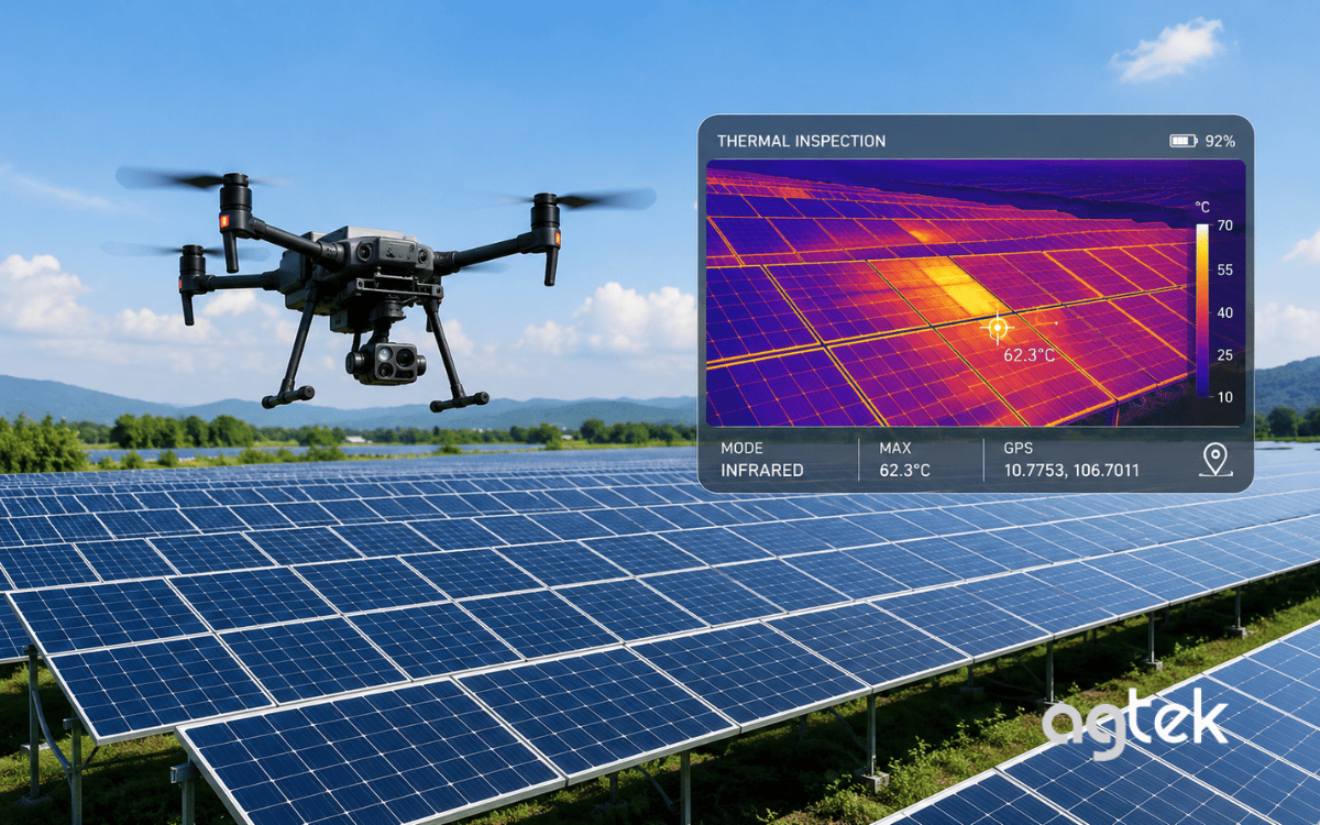 Drone phát hiện điểm nóng trên tấm pin năng lượng mặt trời.