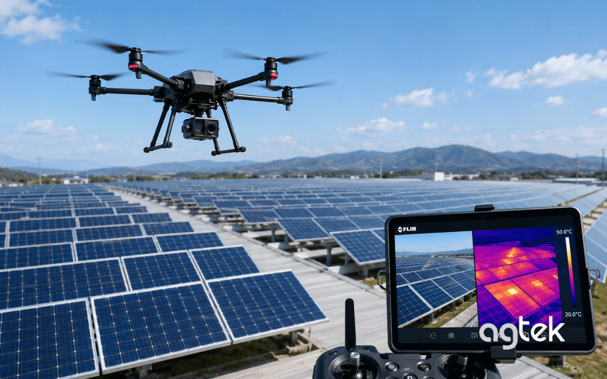Drone kiểm tra pin năng lượng mặt trời tại nhà máy công nghiệp.