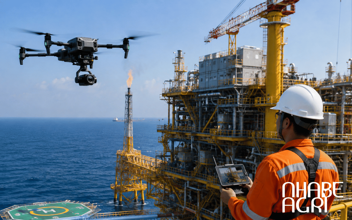 Drone kiểm tra tổng thể giàn khoan ngoài khơi từ trên cao.