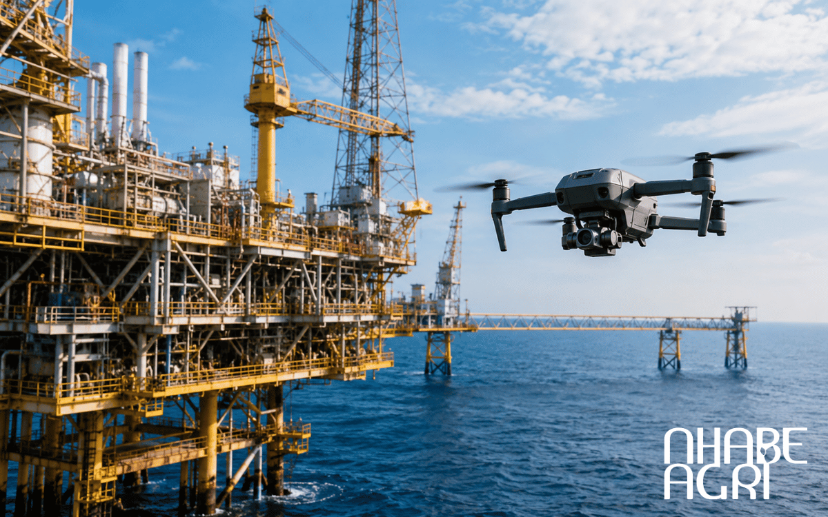 Drone quan sát tháp khoan và các thiết bị ở độ cao lớn.