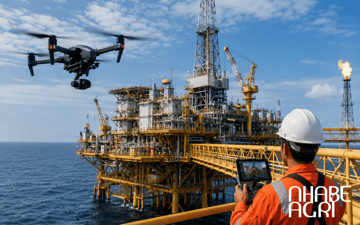Kỹ thuật viên vận hành drone phục vụ kiểm tra giàn khoan.