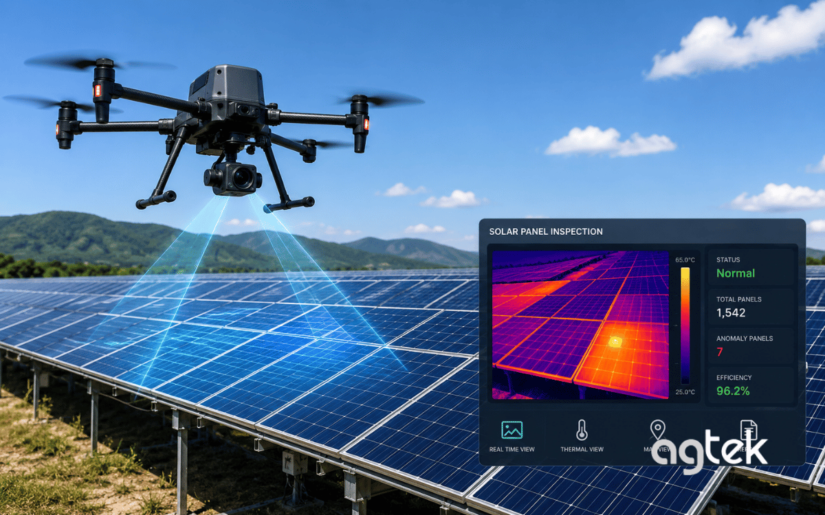 Drone kiểm tra pin năng lượng mặt trời bằng camera nhiệt chuyên dụng.
