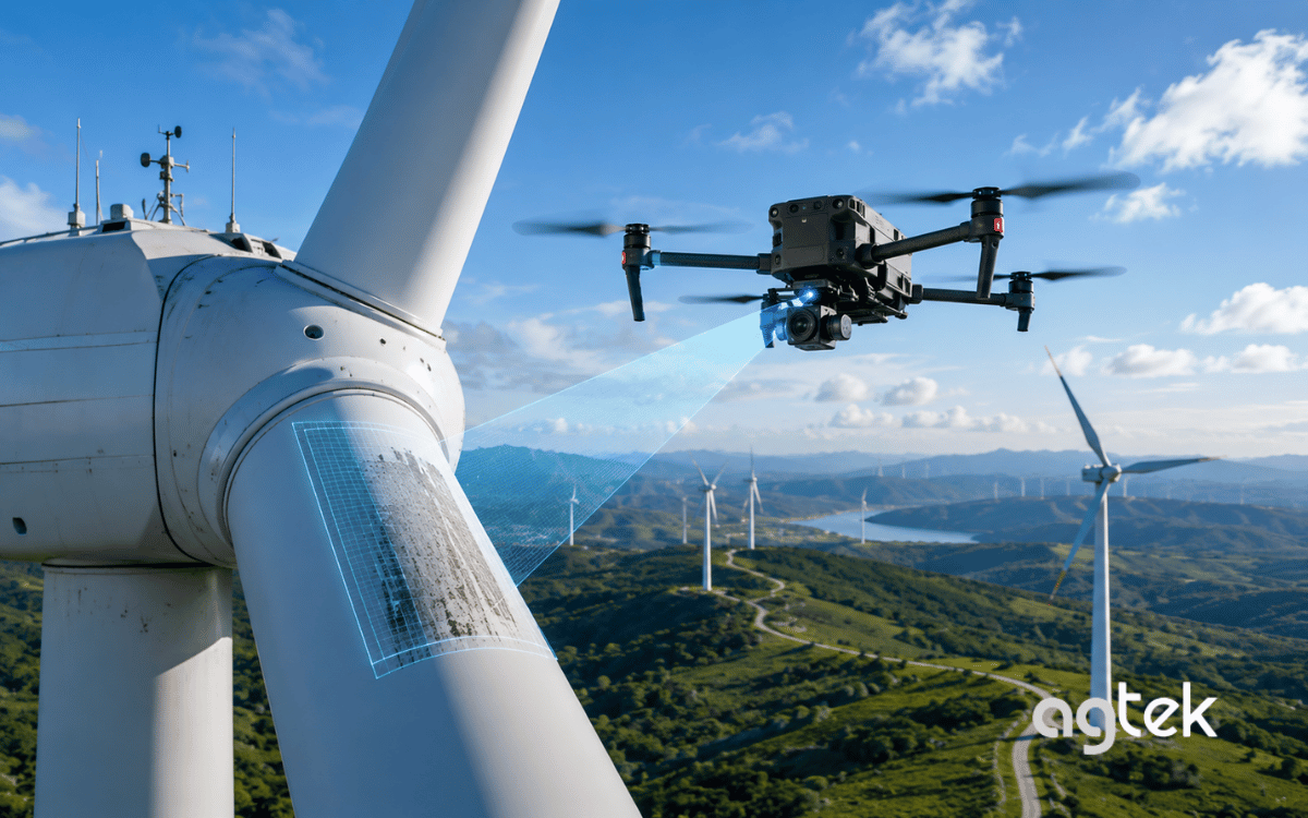 Drone kiểm tra xói mòn và vết nứt trên cánh turbine.