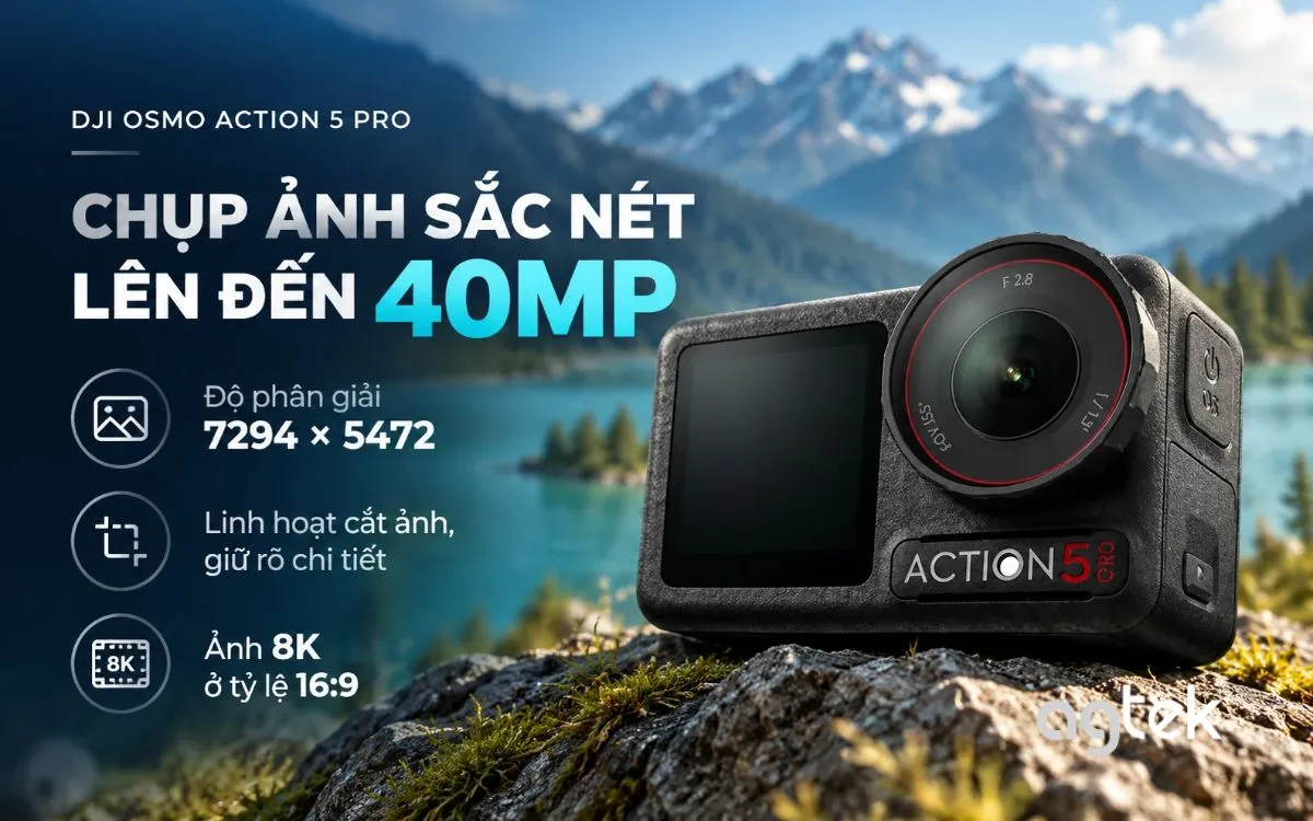 DJI Osmo Action 5 Pro hỗ trợ chụp ảnh độ phân giải khoảng 40 MP.
